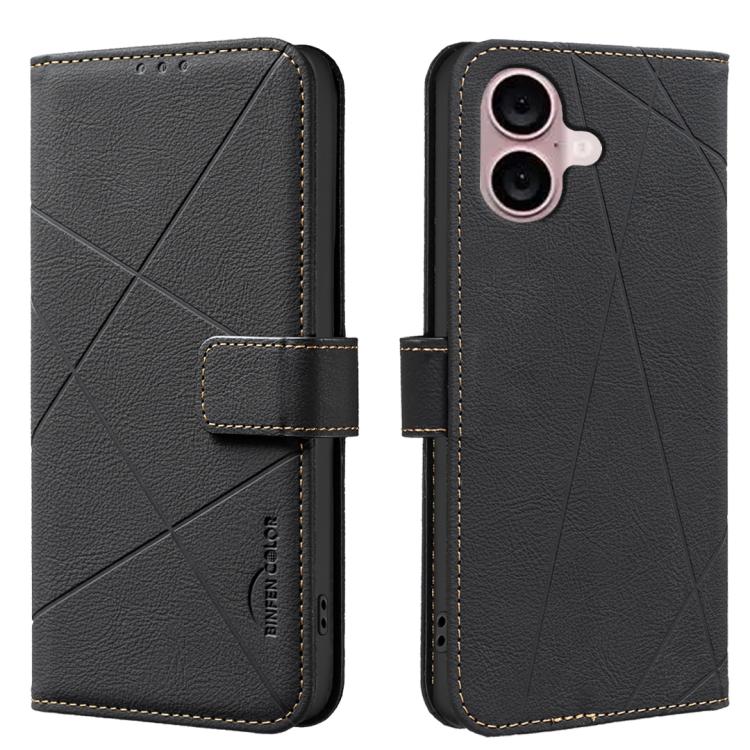 

For iPhone 16 Plus Geometric Pattern RFID Leather Phone Case(Black)
