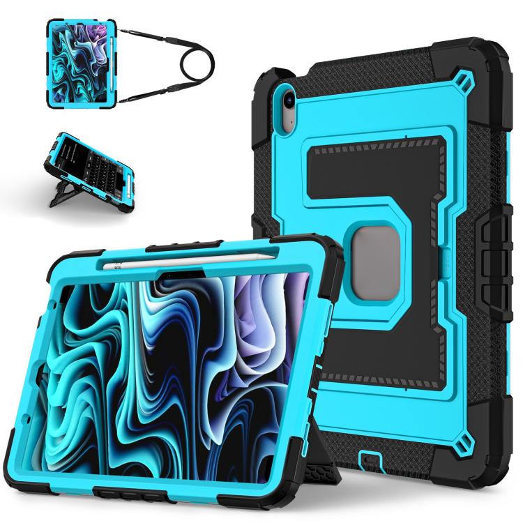 

For iPad Air 11 2025 / 2024 Big Holder Silicone Hydric PC Tablet Case with Shoulder Strap(Black Blue)