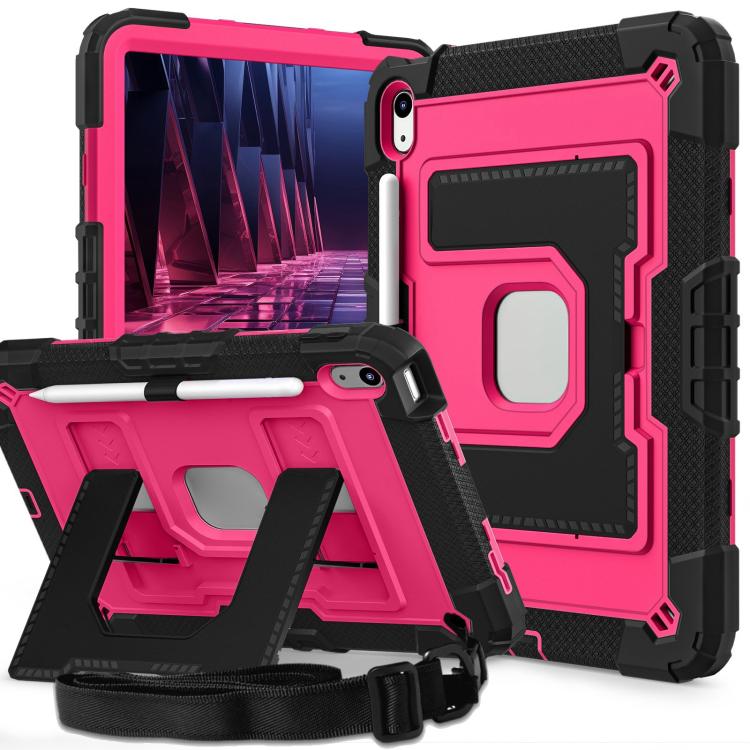 

For iPad 2025 / 2022 Big Holder Silicone Hydric PC Tablet Case with Shoulder Strap(Black Rose Red)