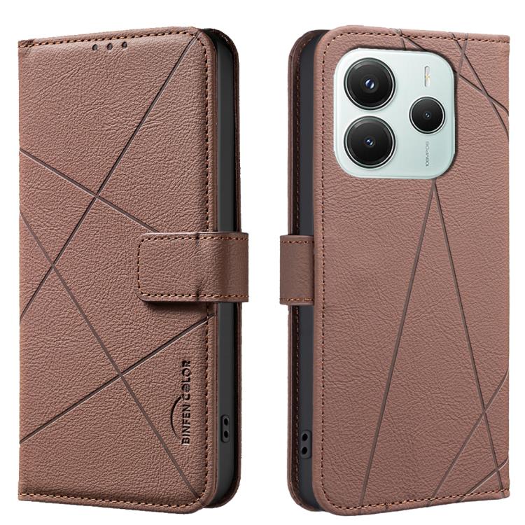 

For Redmi Note 14 5G Geometric Pattern RFID Leather Phone Case(Brown)