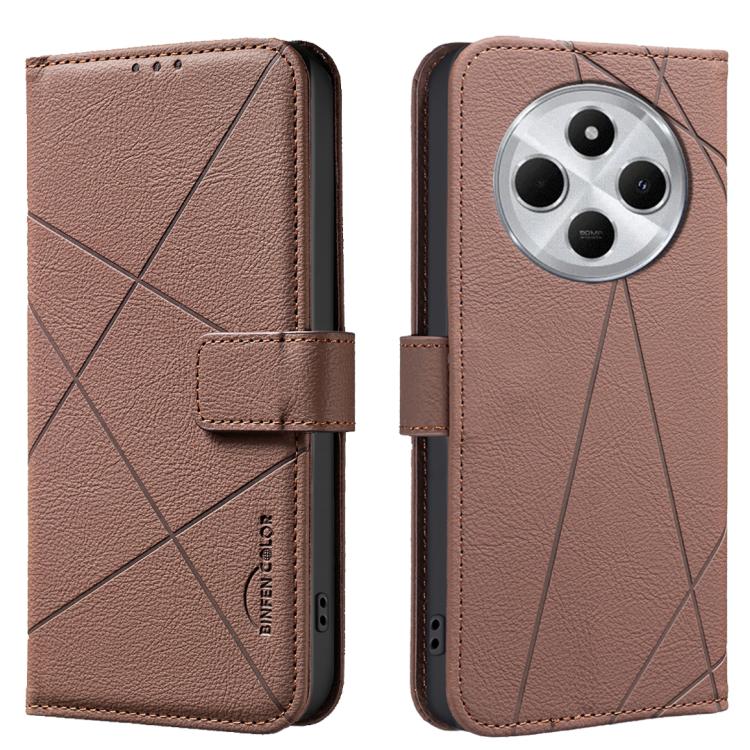 

For Redmi 14C Geometric Pattern RFID Leather Phone Case(Brown)