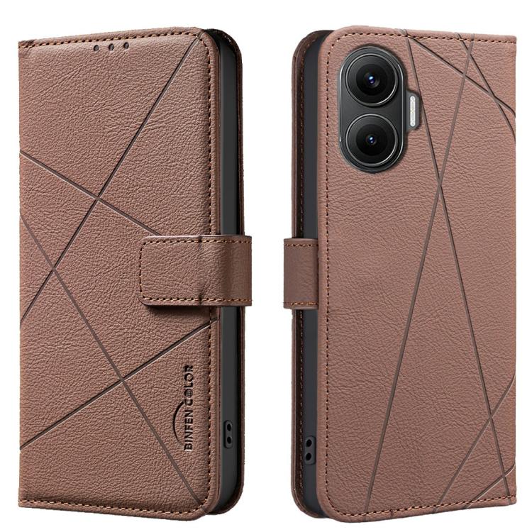 

For Xiaomi Poco F7 5G Global Geometric Pattern RFID Leather Phone Case(Brown)