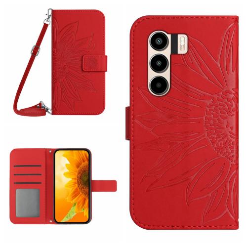 

For itel Power 70 Skin Feel Sun Flower Embossed Flip Leather Phone Case with Lanyard(Red)