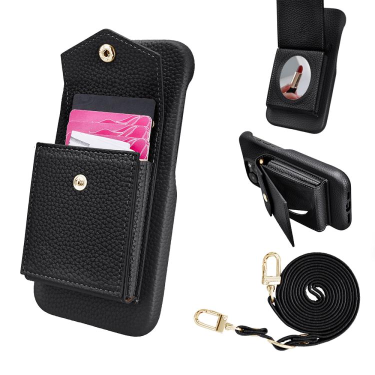 

For iPhone 16 Pro Max Litchi Texture Vertical Card Bag Holder Phone Case with Long Lanyard(Black)