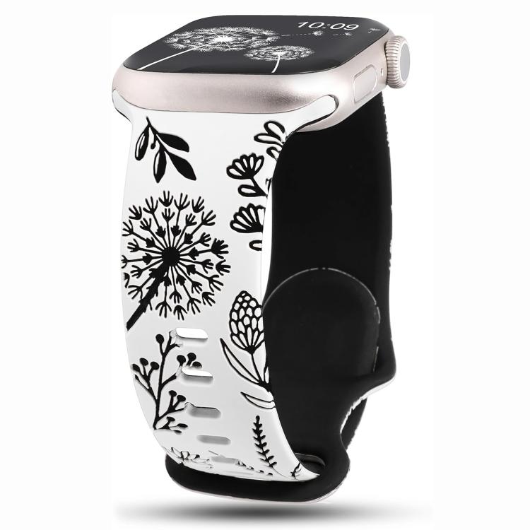 

For Apple Watch 46mm / 49mm / 45mm / 44mm Two Color Dandelion Engraved Silicone Watch Band(White Black)