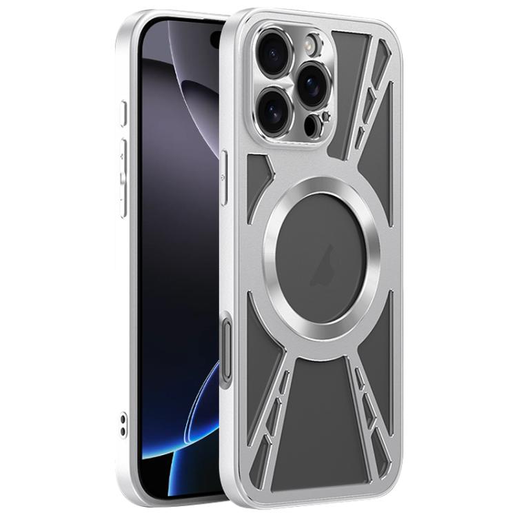 

For iPhone 16 Pro Max Silicone Cooling Hollow Metal MagSafe Phone Case(Silver)