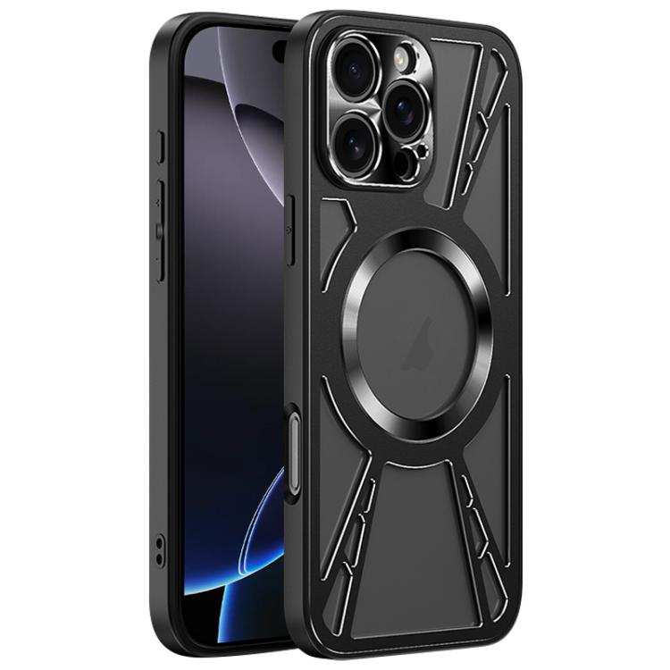 

For iPhone 16 Pro Max Silicone Cooling Hollow Metal MagSafe Phone Case(Black)