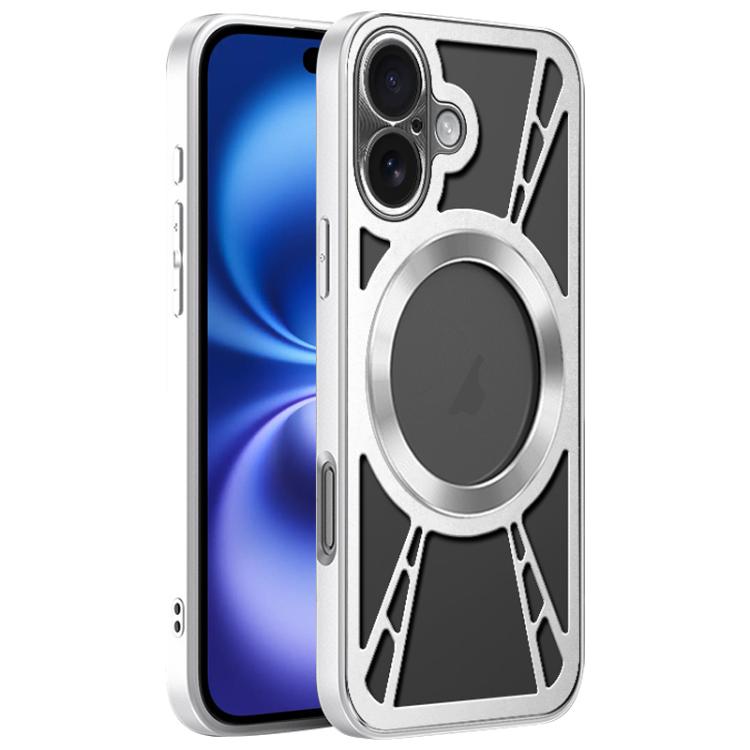 

For iPhone 16 Silicone Cooling Hollow Metal MagSafe Phone Case(Silver)