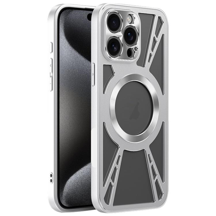 

For iPhone 15 Pro Max Silicone Cooling Hollow Metal MagSafe Phone Case(Silver)
