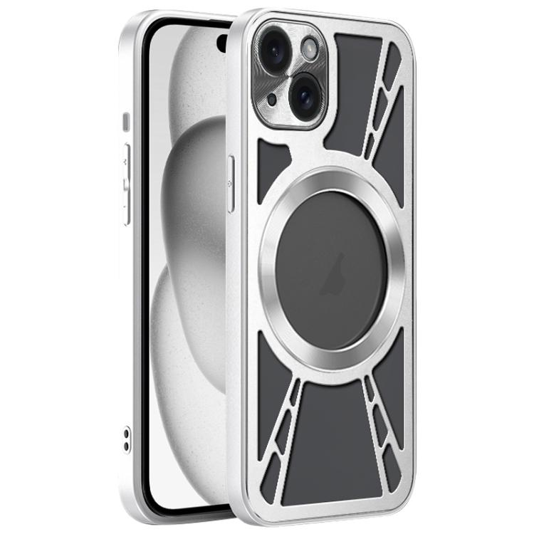 

For iPhone 15 Silicone Cooling Hollow Metal MagSafe Phone Case(Silver)