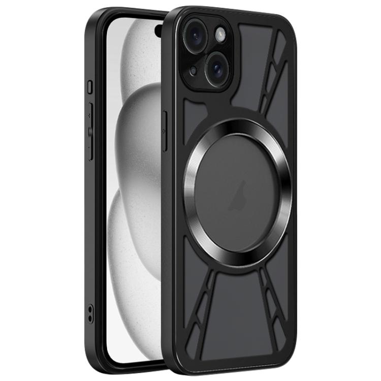 

For iPhone 15 Silicone Cooling Hollow Metal MagSafe Phone Case(Black)