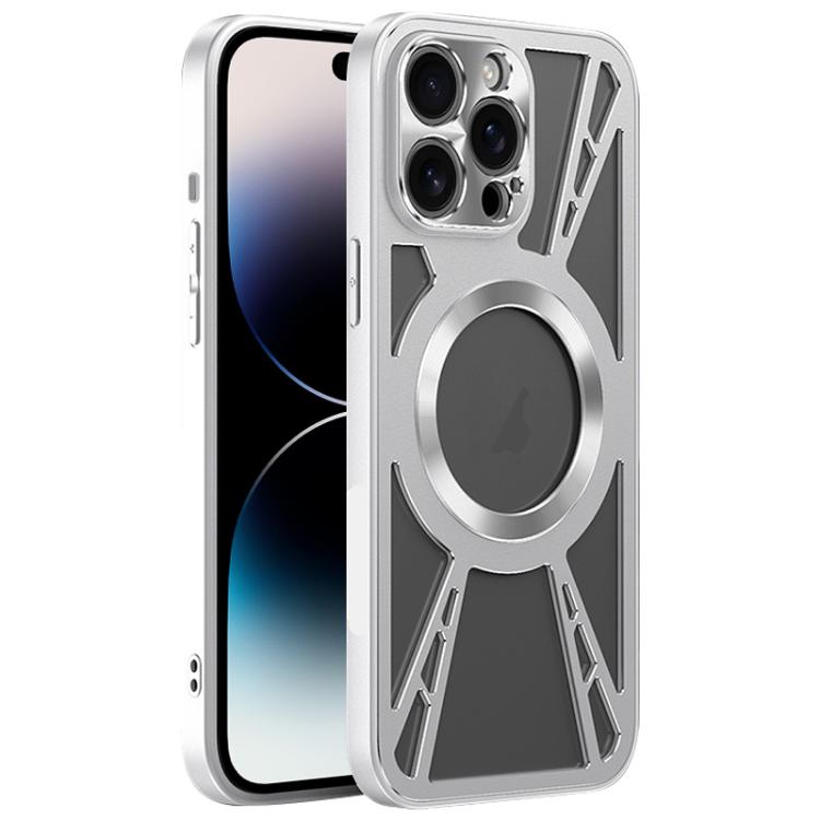 

For iPhone 14 Pro Silicone Cooling Hollow Metal MagSafe Phone Case(Silver)