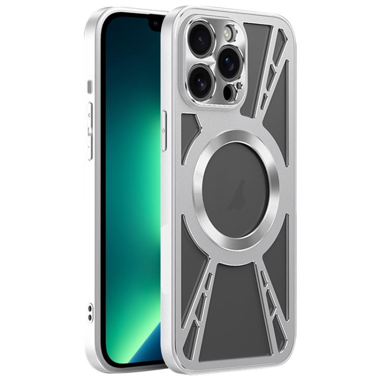 

For iPhone 13 Pro Max Silicone Cooling Hollow Metal MagSafe Phone Case(Silver)