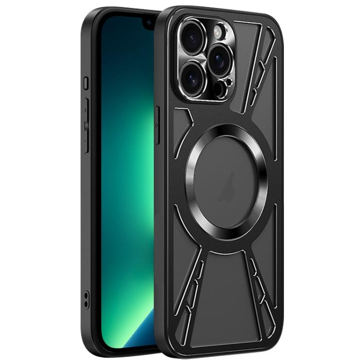 

For iPhone 13 Pro Max Silicone Cooling Hollow Metal MagSafe Phone Case(Black)