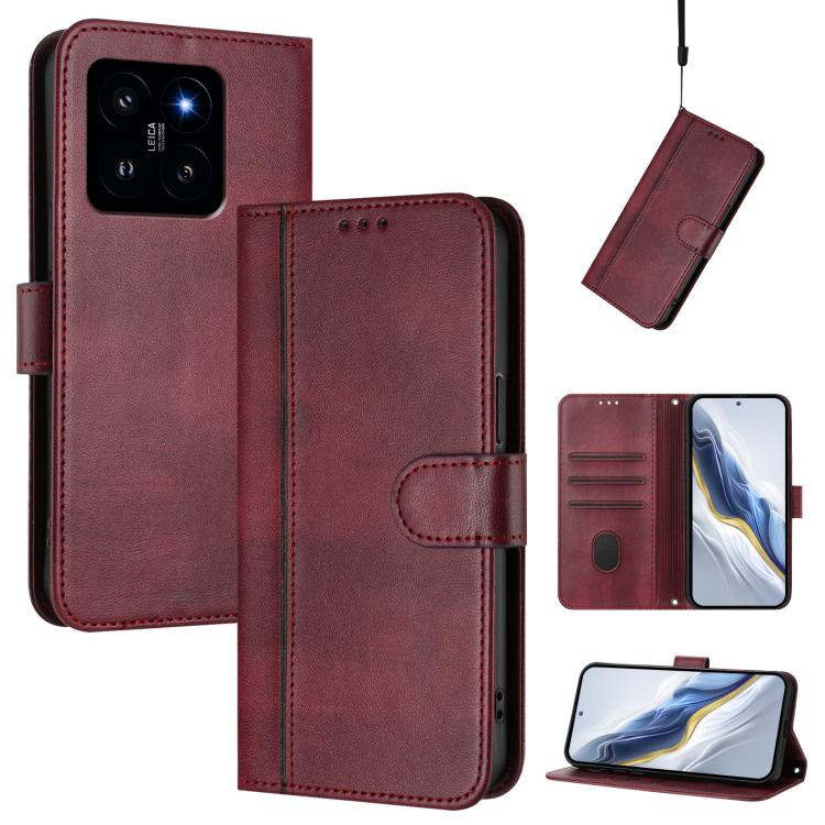 

For Xiaomi 14 5G Line Splicing Buckle Retro Leather Phone Case(Wine Red)