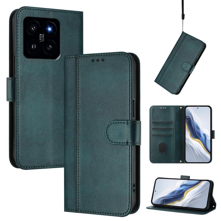 

For Xiaomi 14 5G Line Splicing Buckle Retro Leather Phone Case(Dark Green)