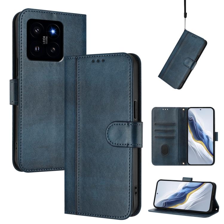 

For Xiaomi 14 5G Line Splicing Buckle Retro Leather Phone Case(Dark Blue)