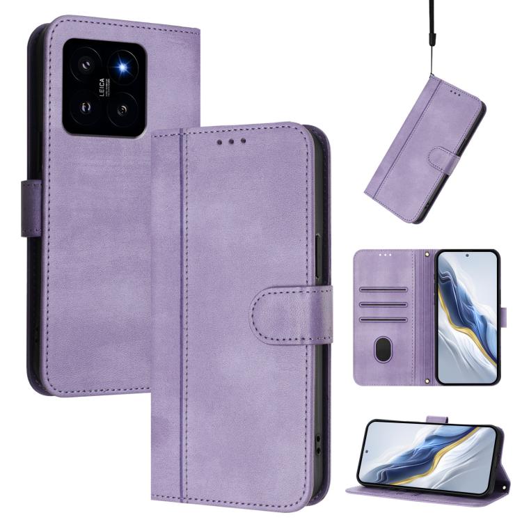 

For Xiaomi 14 5G Line Splicing Buckle Retro Leather Phone Case(Purple)
