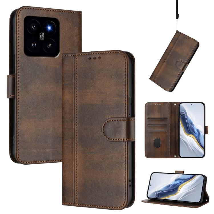 

For Xiaomi 14 5G Line Splicing Buckle Retro Leather Phone Case(Brown)