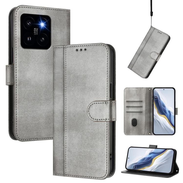 

For Xiaomi 14 Pro 5G Line Splicing Buckle Retro Leather Phone Case(Grey)