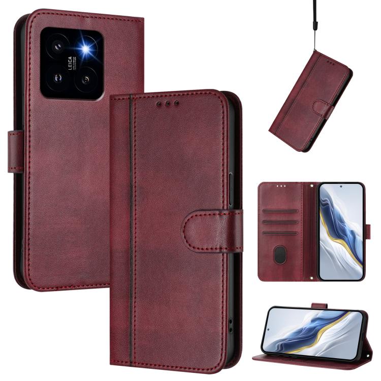 

For Xiaomi 14 Pro 5G Line Splicing Buckle Retro Leather Phone Case(Wine Red)