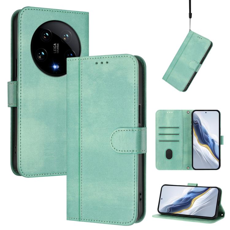 

For Xiaomi 14 Ultra 5G Line Splicing Buckle Retro Leather Phone Case(Mint)