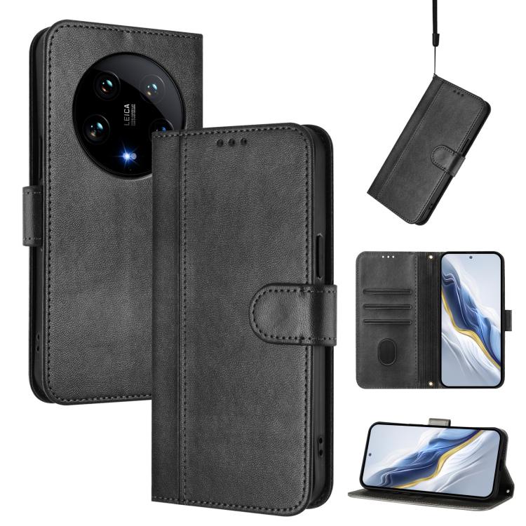 

For Xiaomi 14 Ultra 5G Line Splicing Buckle Retro Leather Phone Case(Black)