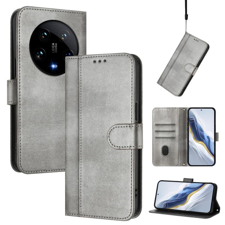 

For Xiaomi 14 Ultra 5G Line Splicing Buckle Retro Leather Phone Case(Grey)