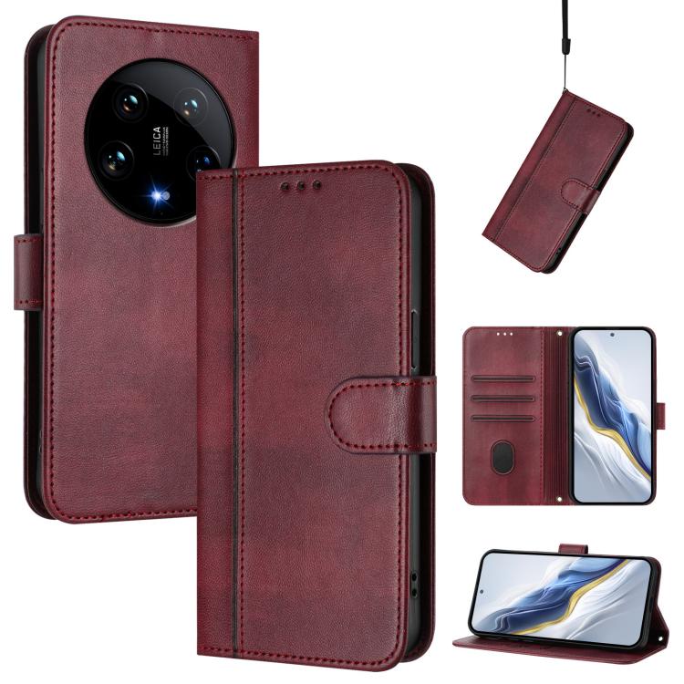 

For Xiaomi 14 Ultra 5G Line Splicing Buckle Retro Leather Phone Case(Wine Red)