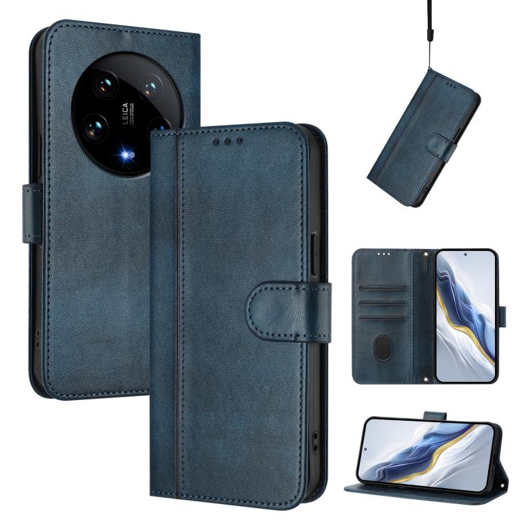 

For Xiaomi 14 Ultra 5G Line Splicing Buckle Retro Leather Phone Case(Dark Blue)