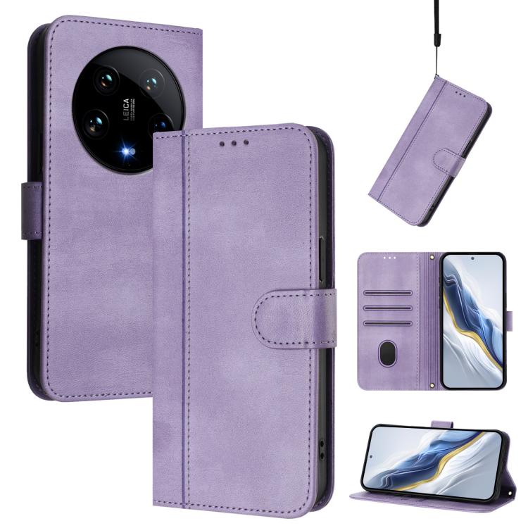 

For Xiaomi 14 Ultra 5G Line Splicing Buckle Retro Leather Phone Case(Purple)