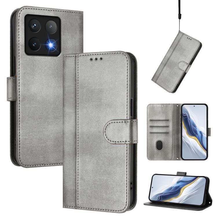 

For Xiaomi 14T 5G Line Splicing Buckle Retro Leather Phone Case(Grey)