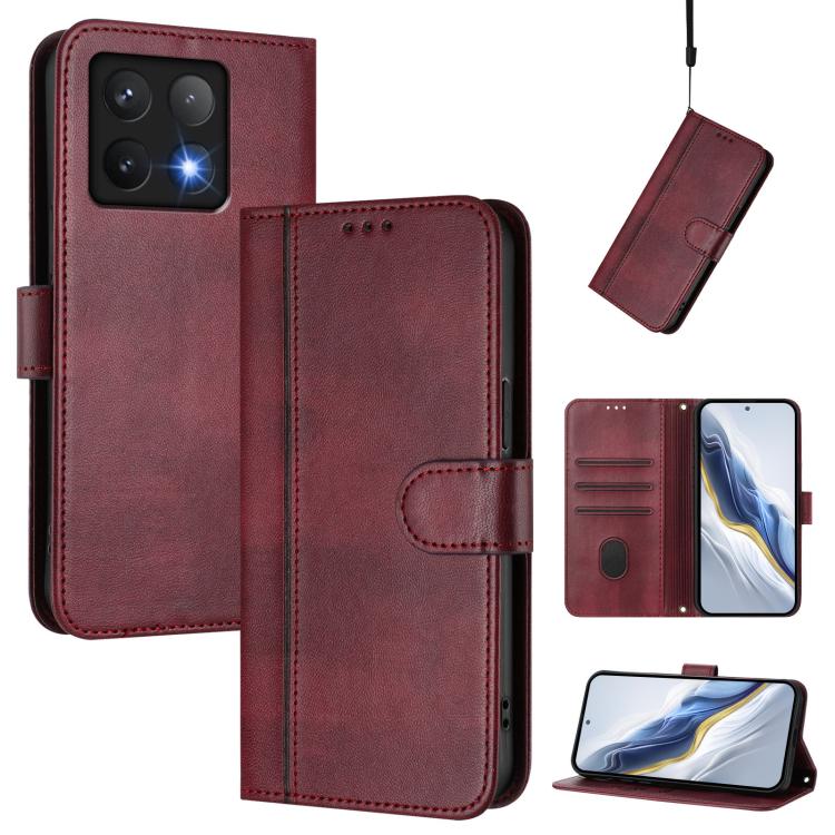 

For Xiaomi 14T 5G Line Splicing Buckle Retro Leather Phone Case(Wine Red)