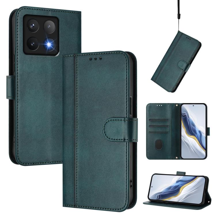 

For Xiaomi 14T 5G Line Splicing Buckle Retro Leather Phone Case(Dark Green)