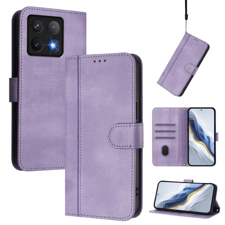 

For Xiaomi 14T Pro 5G Line Splicing Buckle Retro Leather Phone Case(Purple)