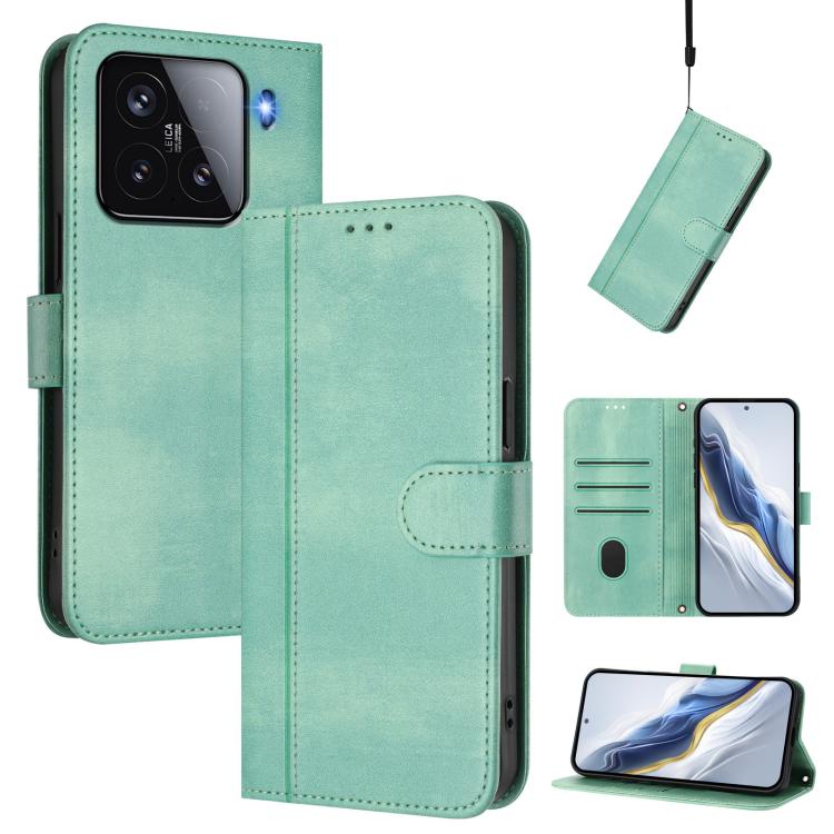 

For Xiaomi 15 Line Splicing Buckle Retro Leather Phone Case(Mint)