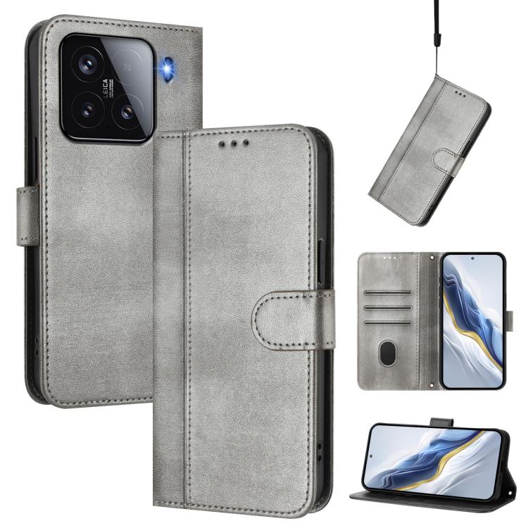 

For Xiaomi 15 Line Splicing Buckle Retro Leather Phone Case(Grey)
