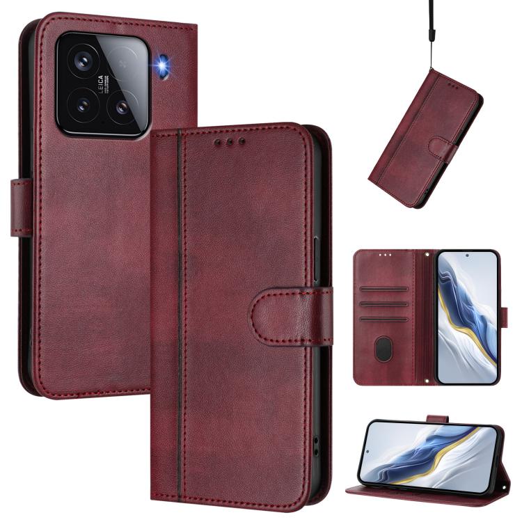 

For Xiaomi 15 Line Splicing Buckle Retro Leather Phone Case(Wine Red)