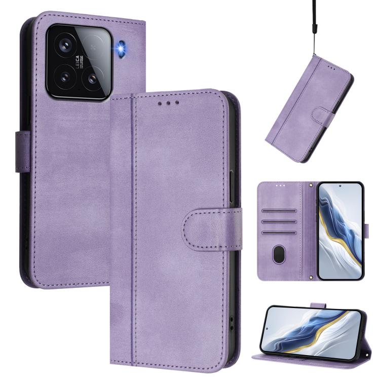 

For Xiaomi 15 Line Splicing Buckle Retro Leather Phone Case(Purple)