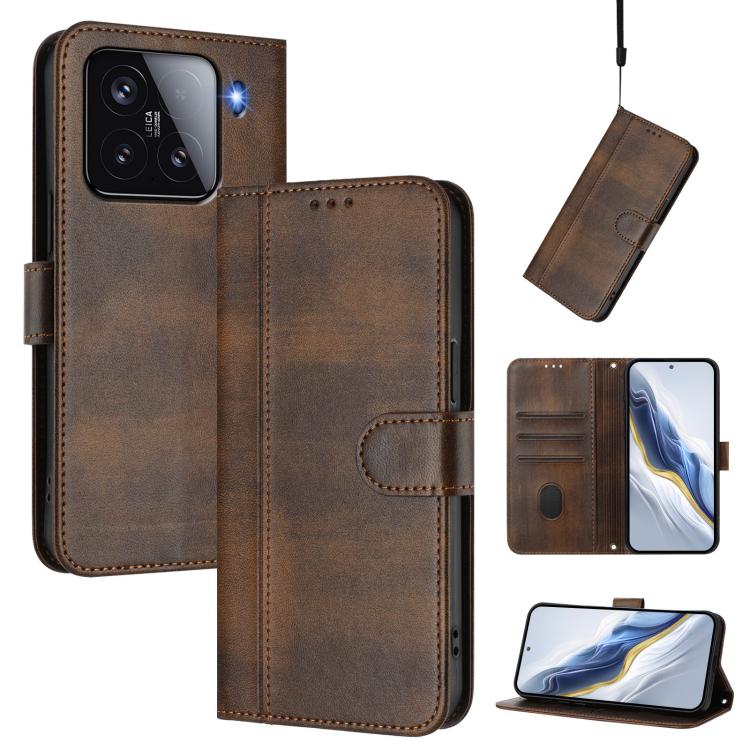

For Xiaomi 15 Line Splicing Buckle Retro Leather Phone Case(Brown)