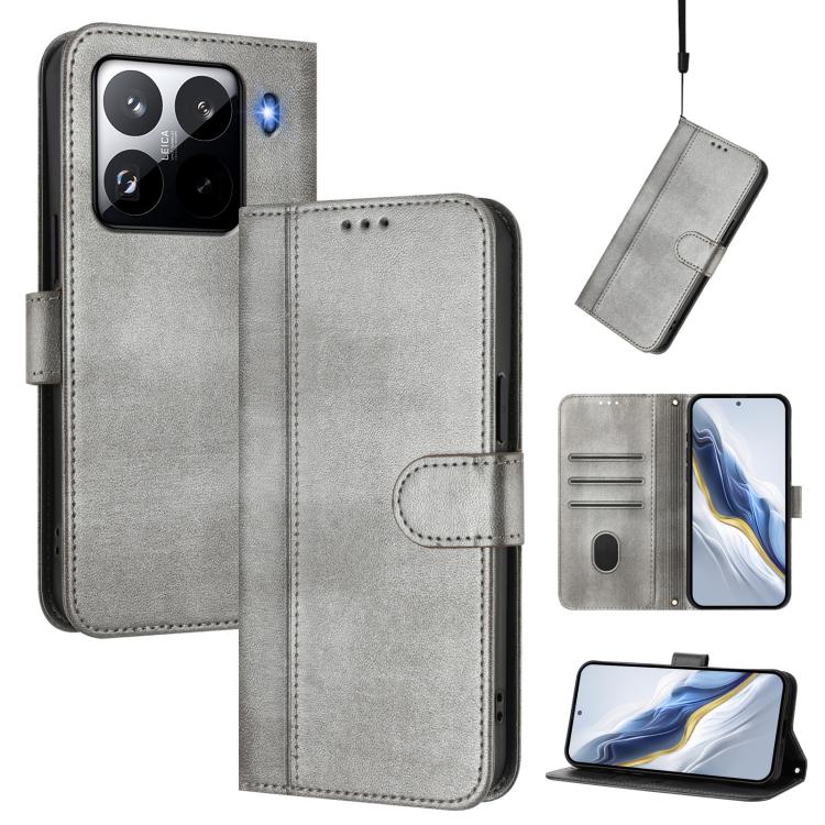

For Xiaomi 15 Pro Line Splicing Buckle Retro Leather Phone Case(Grey)