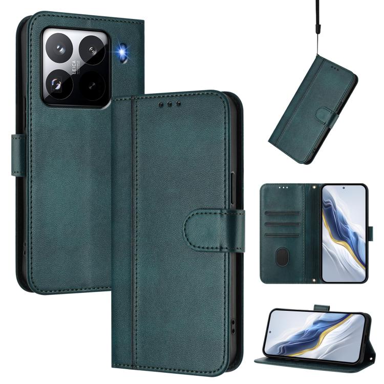

For Xiaomi 15 Pro Line Splicing Buckle Retro Leather Phone Case(Dark Green)