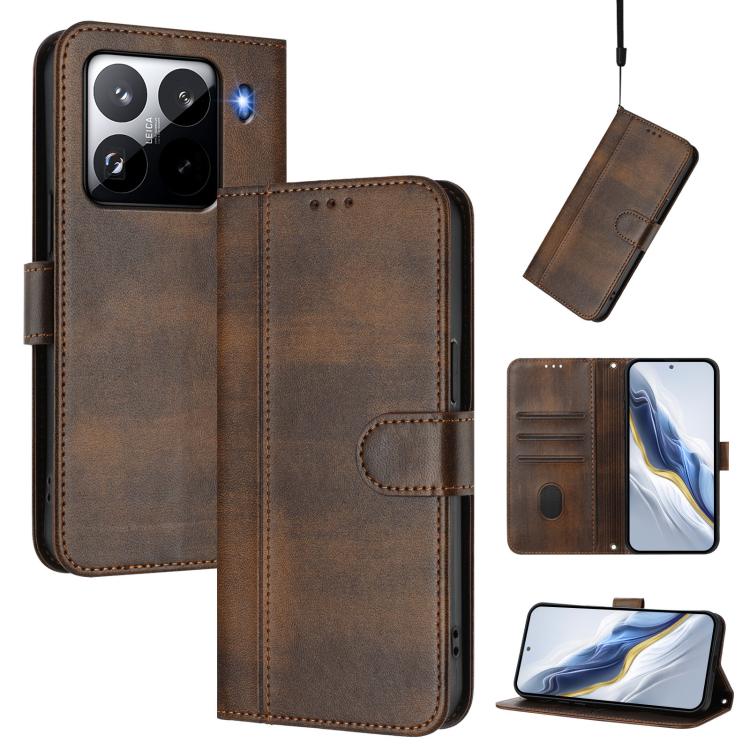

For Xiaomi 15 Pro Line Splicing Buckle Retro Leather Phone Case(Brown)