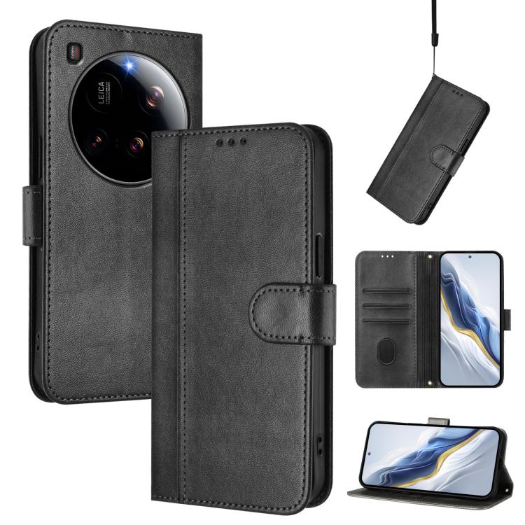 

For Xiaomi 15 Ultra Line Splicing Buckle Retro Leather Phone Case(Black)