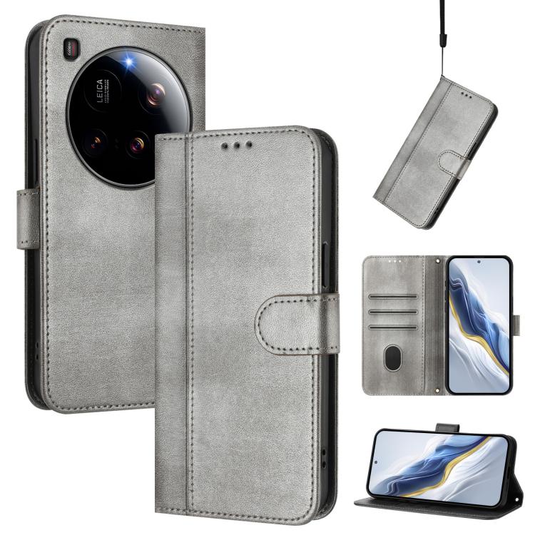 

For Xiaomi 15 Ultra Line Splicing Buckle Retro Leather Phone Case(Grey)