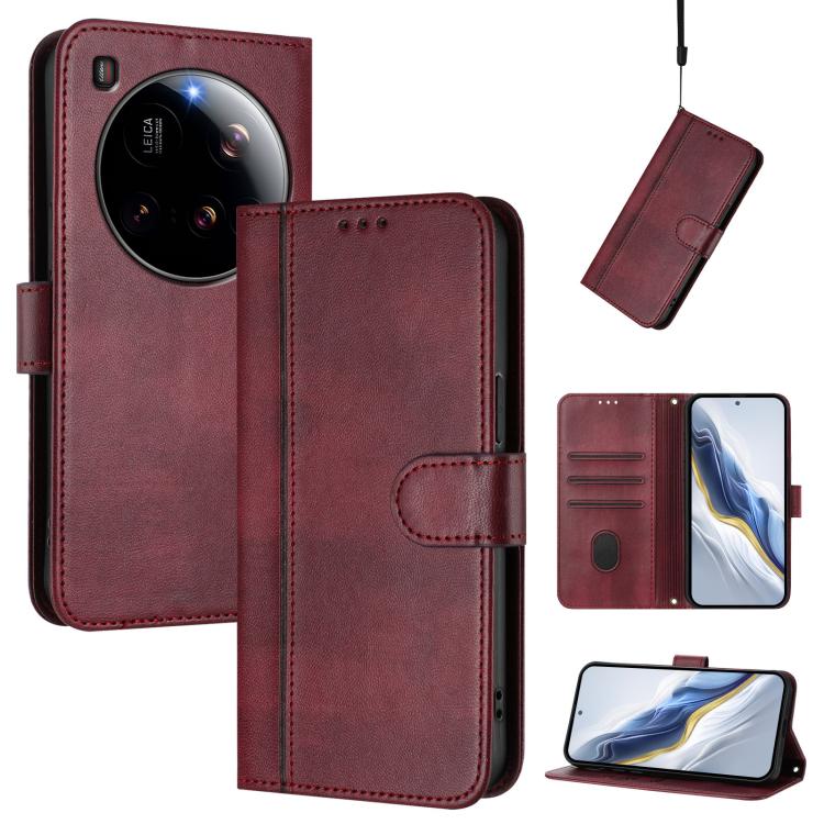 

For Xiaomi 15 Ultra Line Splicing Buckle Retro Leather Phone Case(Wine Red)