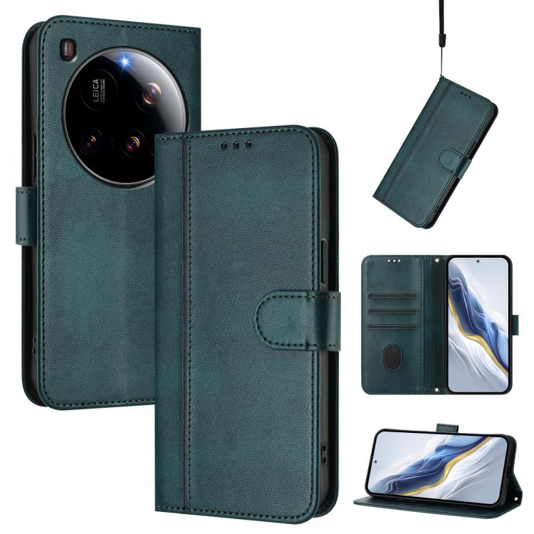 

For Xiaomi 15 Ultra Line Splicing Buckle Retro Leather Phone Case(Dark Green)