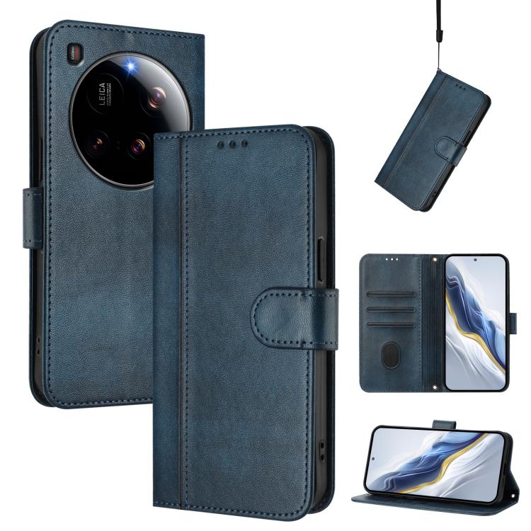 

For Xiaomi 15 Ultra Line Splicing Buckle Retro Leather Phone Case(Dark Blue)