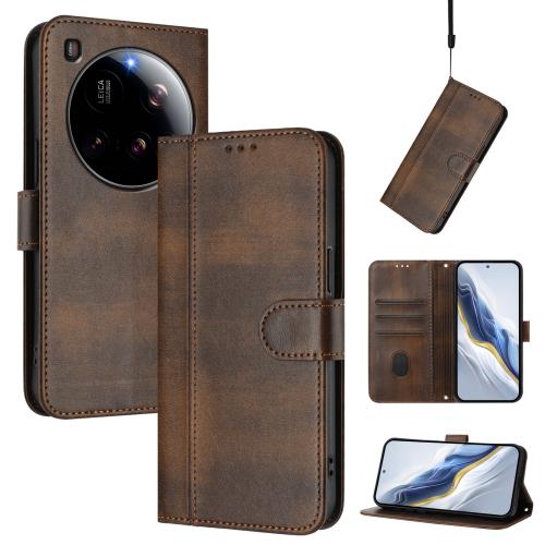 

For Xiaomi 15 Ultra Line Splicing Buckle Retro Leather Phone Case(Brown)