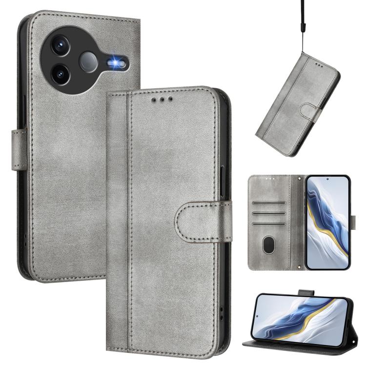

For Xiaomi Poco F7 Pro 5G / Redmi K80 Line Splicing Buckle Retro Leather Phone Case(Grey)